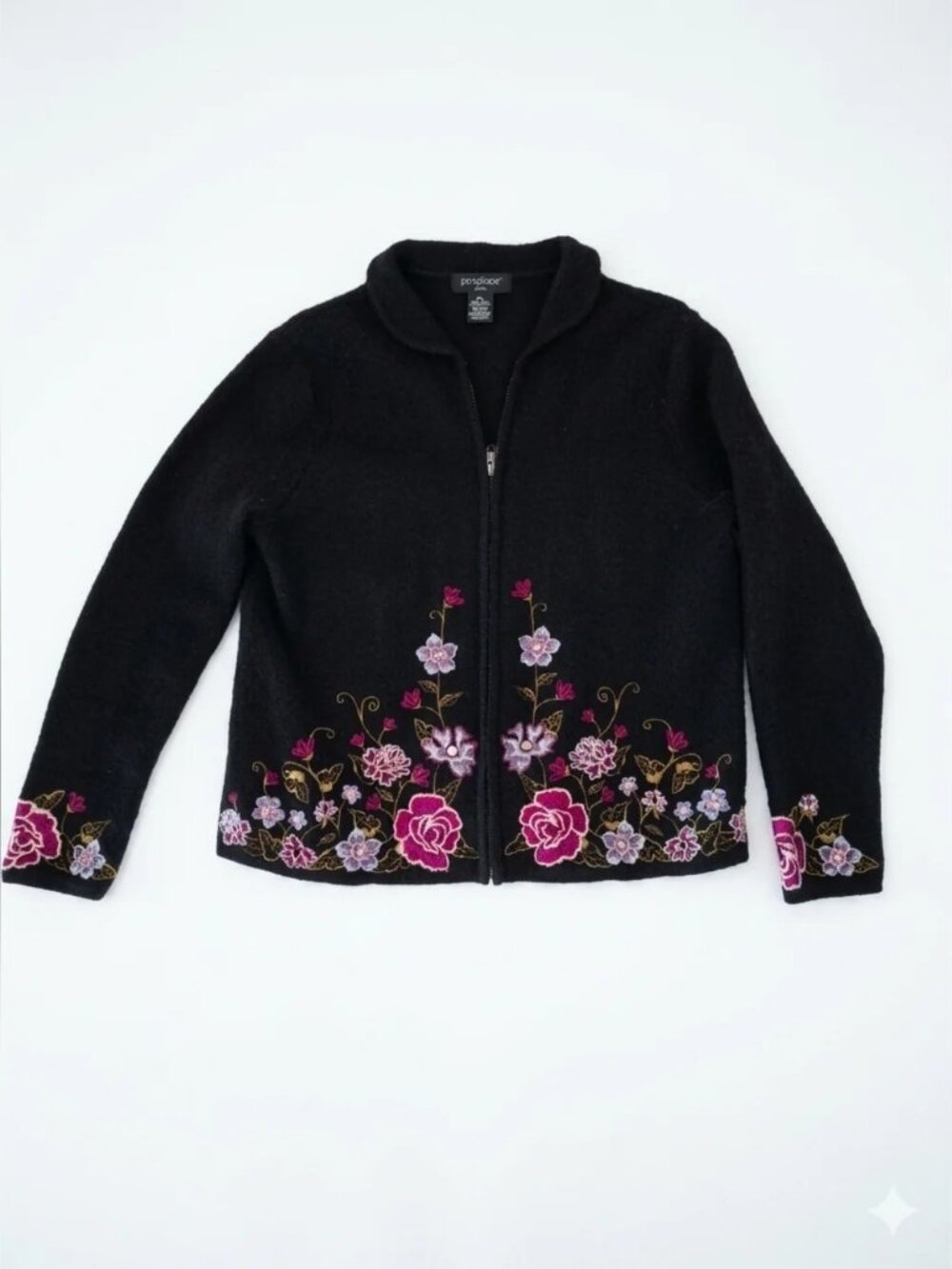 Vintage Wool Black Embroidered Zip‑Front Cardigan Size Petite L
